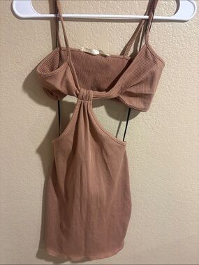 OOTDFash Ribbed Knot-Front Slip Dress in Tan